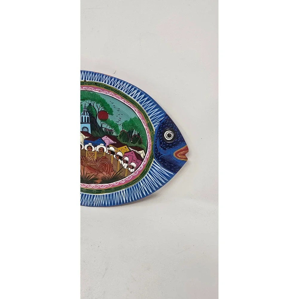 Vtg Mexican storyteller folk art fish terracotta wall art hand painted‎ plate